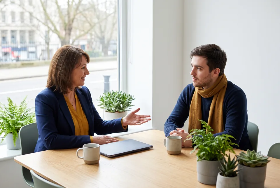 Operations manager and a contract developer talking through a customer chatbot project at a meeting table