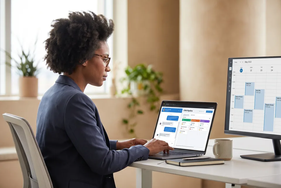 Operations manager reviewing shared customer conversations and booked meetings at a desk