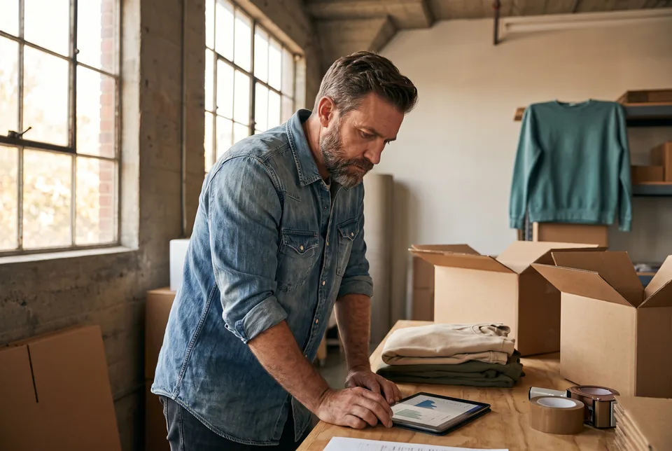 Ecommerce brand owner checking support ticket volume on a tablet in the packing room