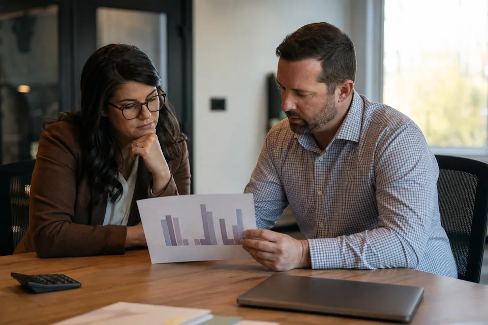 Operations manager and a finance colleague reviewing a support software budget in a meeting room