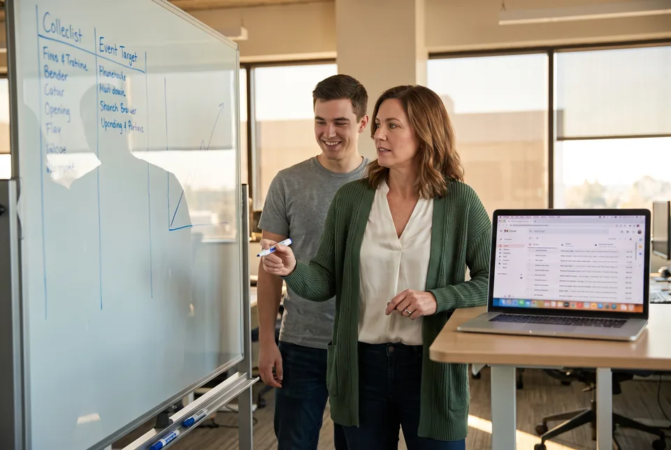 Head of support comparing helpdesk costs on a whiteboard with a teammate
