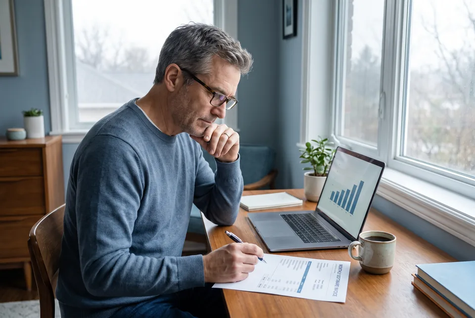 Finance manager reviewing a monthly software invoice against support volume at a home office desk