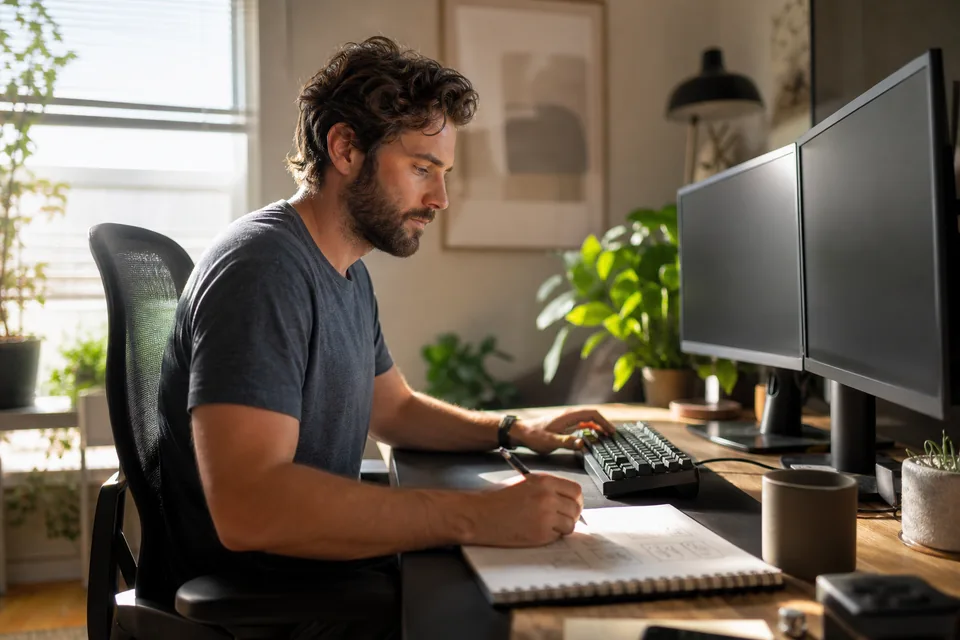 Contract developer at a home office desk sketching a support bot flow in a notebook